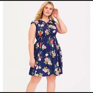 Navy Floral Challis Tie-Front Skater Dress